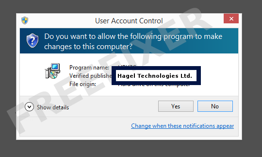 Screenshot where Hagel Technologies Ltd. appears as the verified publisher in the UAC dialog